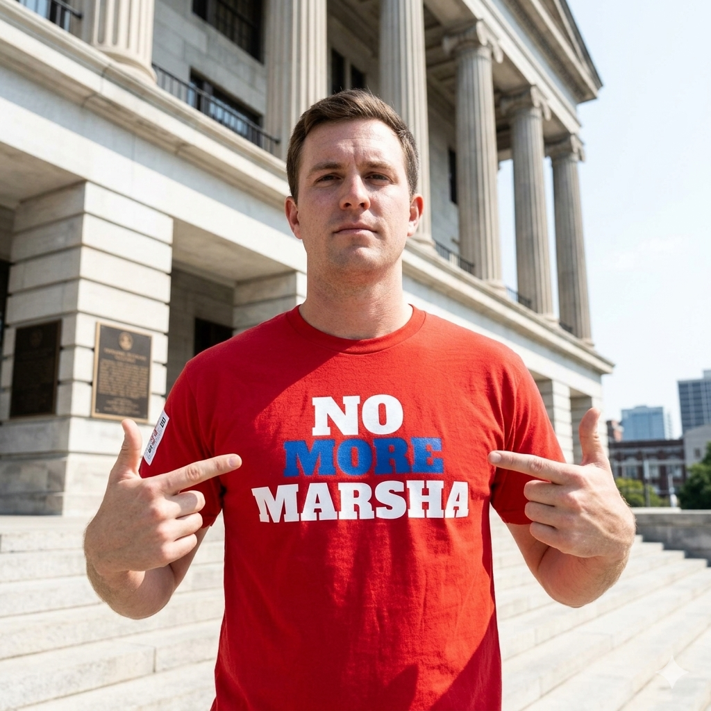 A white man standing on the steps of the Nashville Capitol building wearing a red t-shirt with the text "No More Marsha". He is pointing to the text on the shirt.