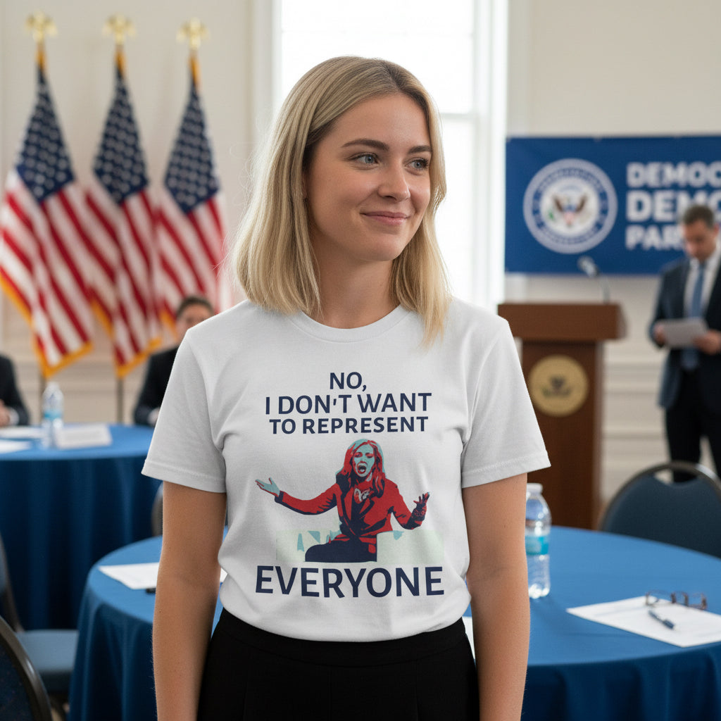 White woman wearing a white t-shirt with a graphic of Marsha Blackburn with the text "No, I don't want to represent everyone' in black on a white background