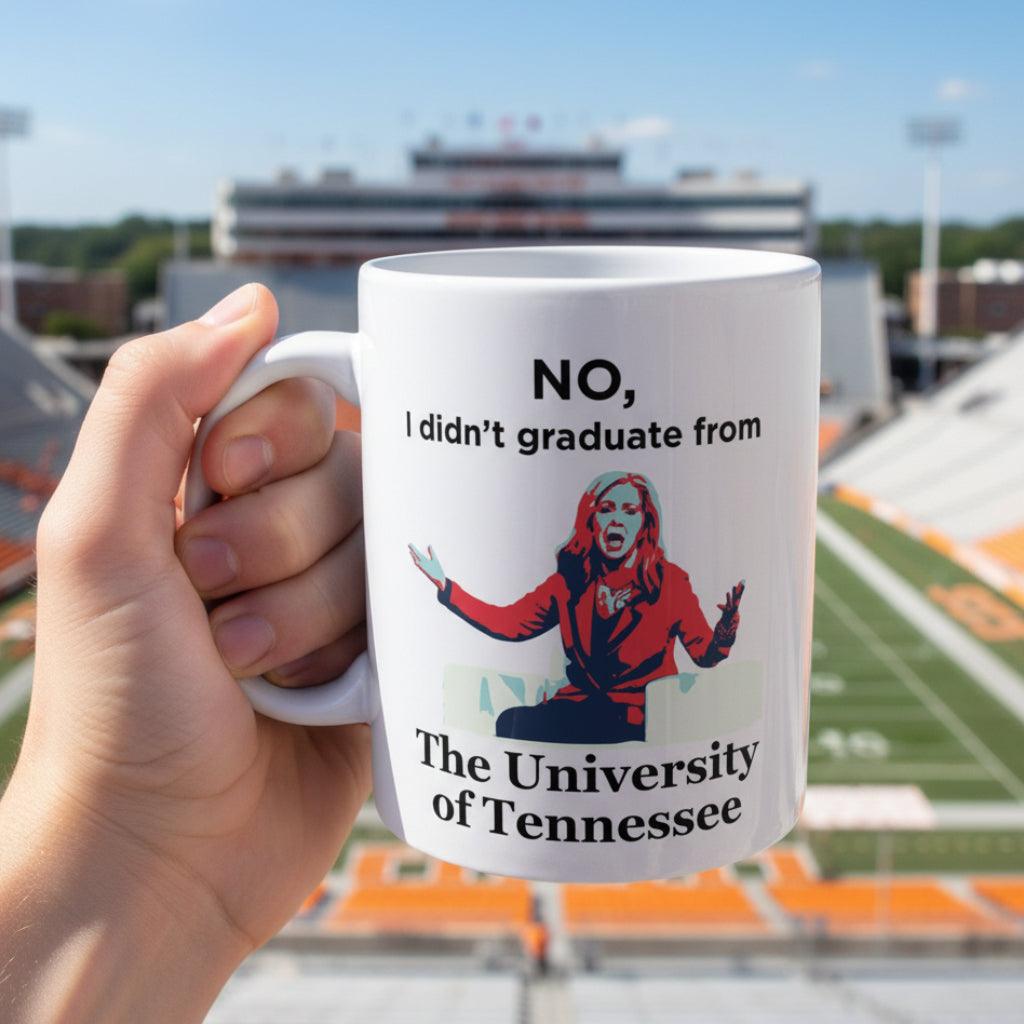 White mug with a graphic of a person holding a white mug with black text 'No, I didn't graduate from The University of Tennessee', in the stands of Neyland Stadium