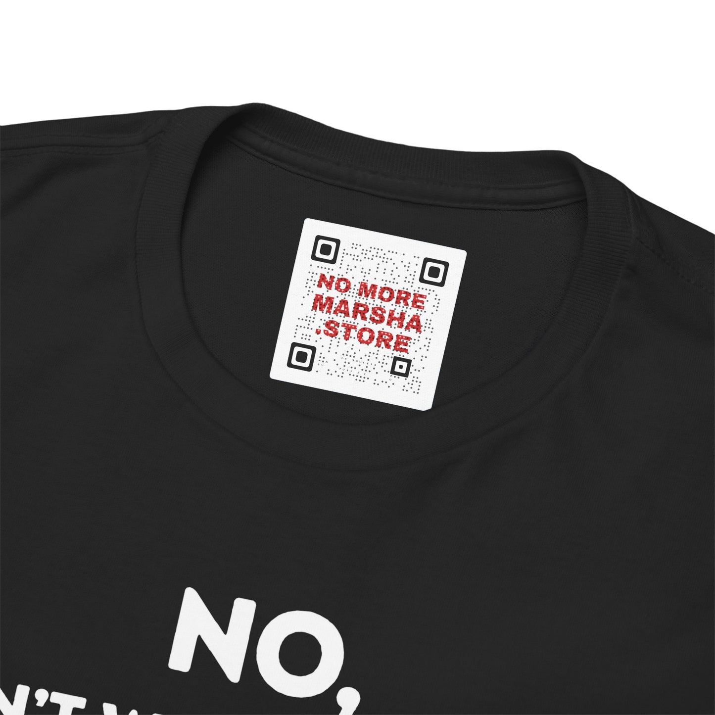 Black t-shirt with a QR code label.