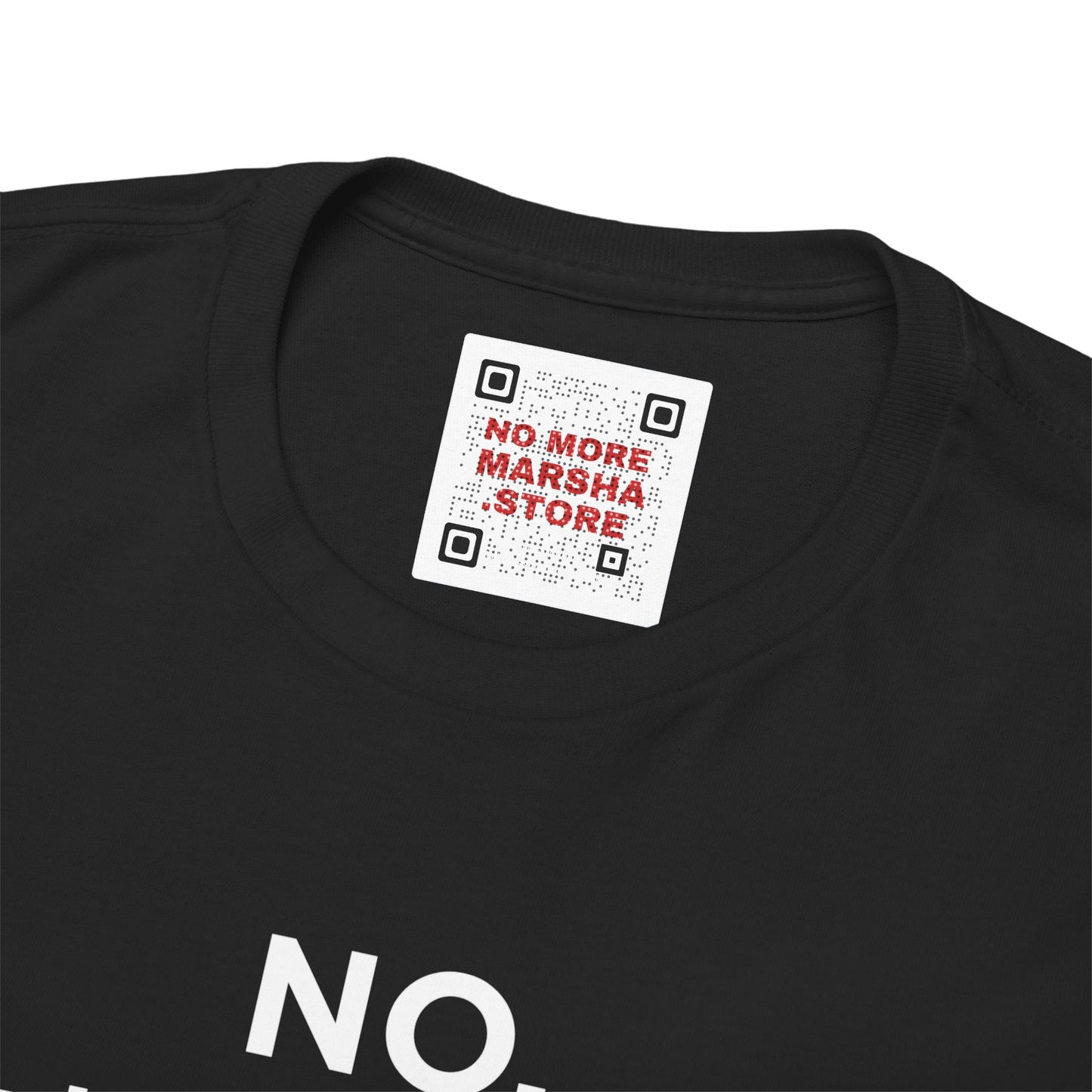 Black t-shirt with a QR code label.