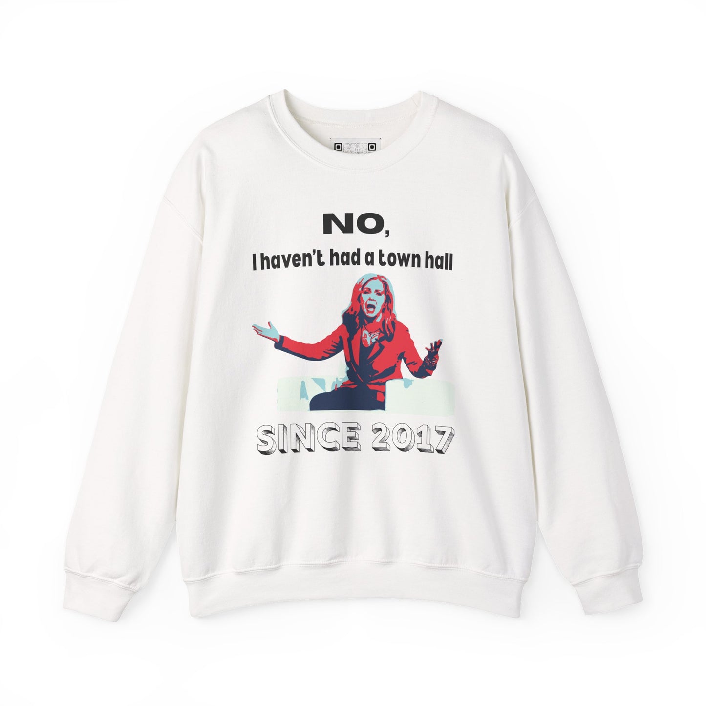 White sweatshirt with a Marsha Blackburn graphic design and black text on a white background.