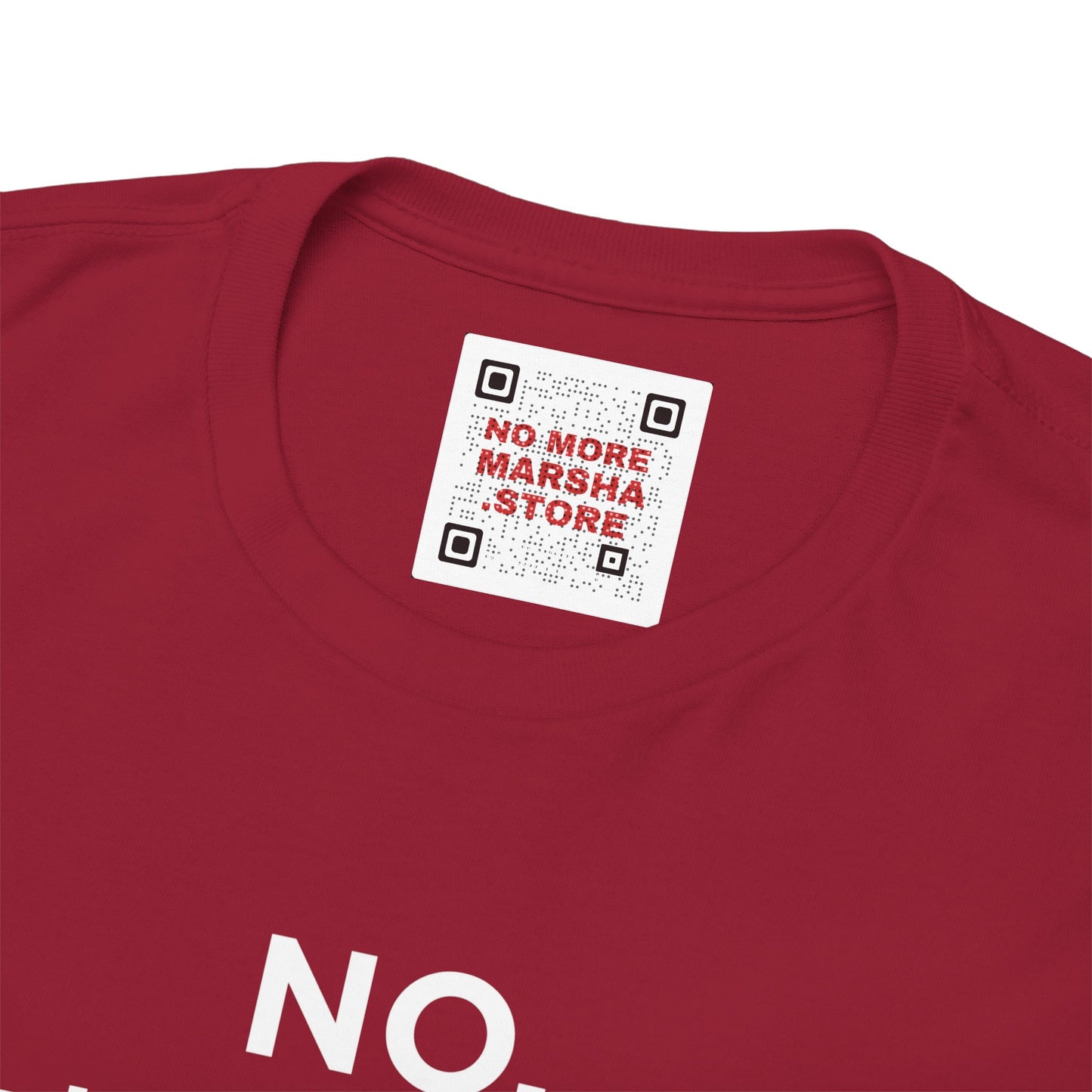 Red t-shirt with a QR code label.