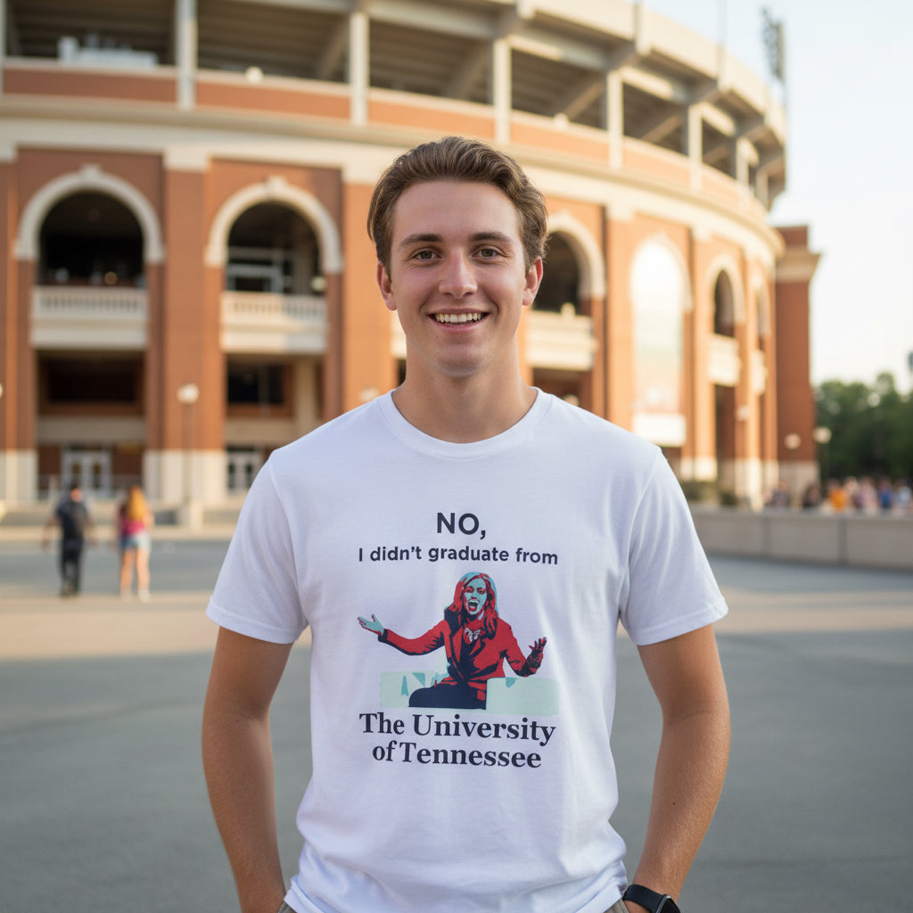 a white male student wearing a white t-shirt with a Marsha Blackburn graphic and text 'No, I didn't graduate from The University of Tennessee'  in black text on a white background
