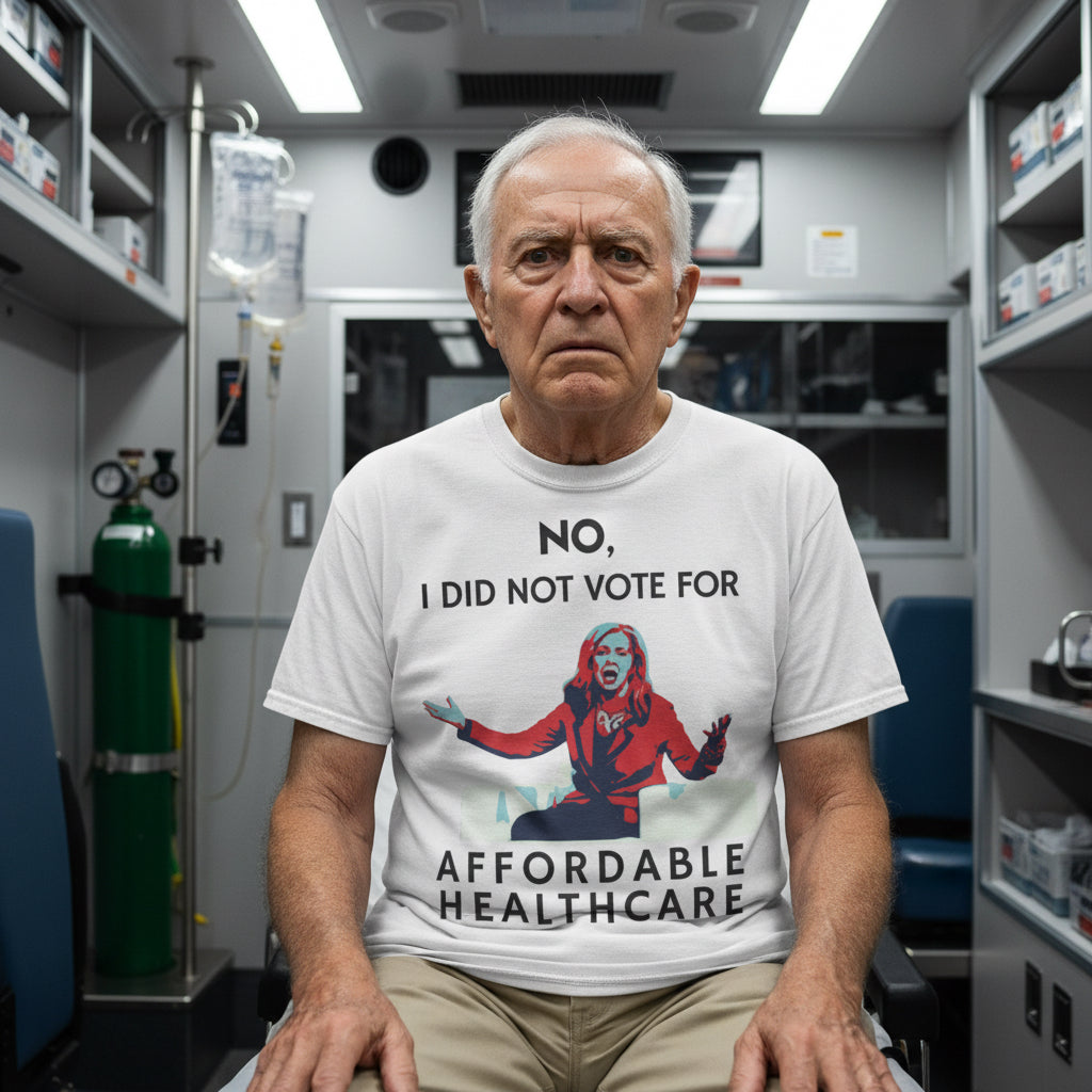 Old white man wearing a white t-shirt with a Marsha Blackburn graphic and black text  ‘No, I didn’t vote for affordable healthcare” on a white background, sitting in the back of an ambulance.