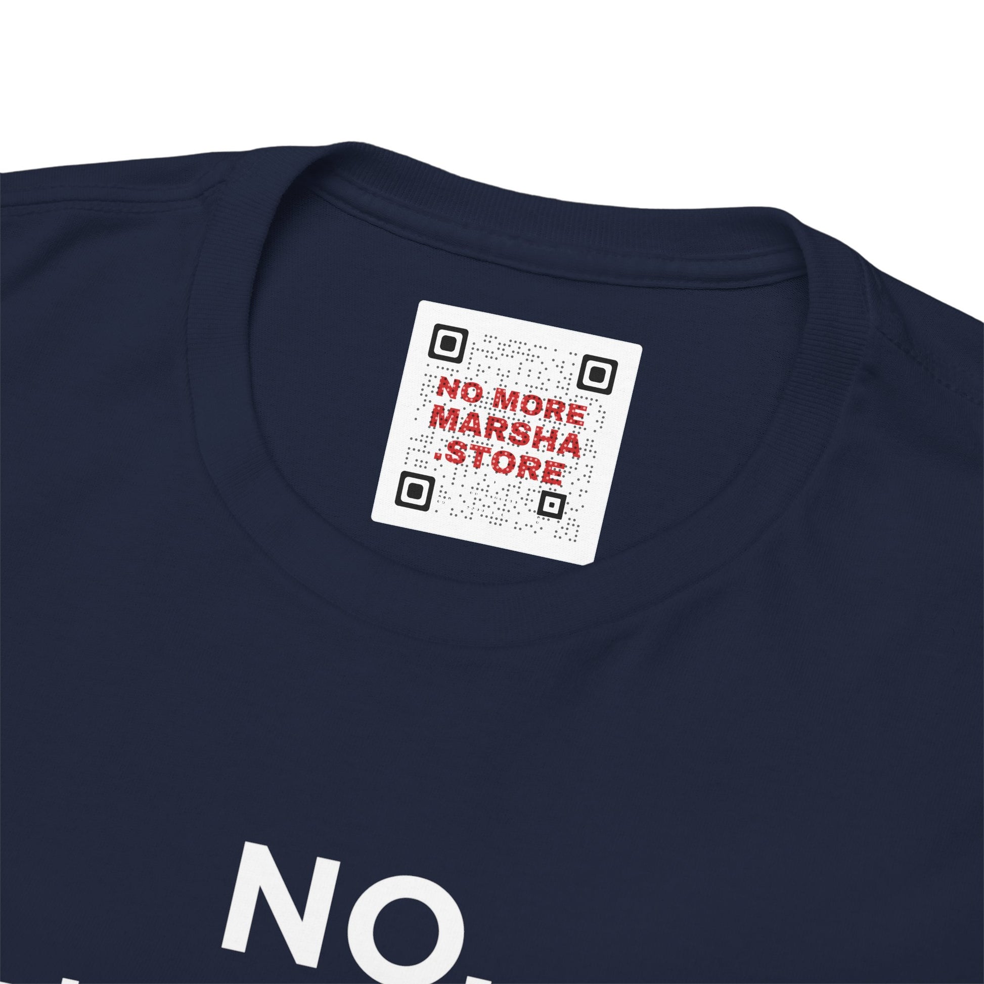 Blue t-shirt with a QR code label.