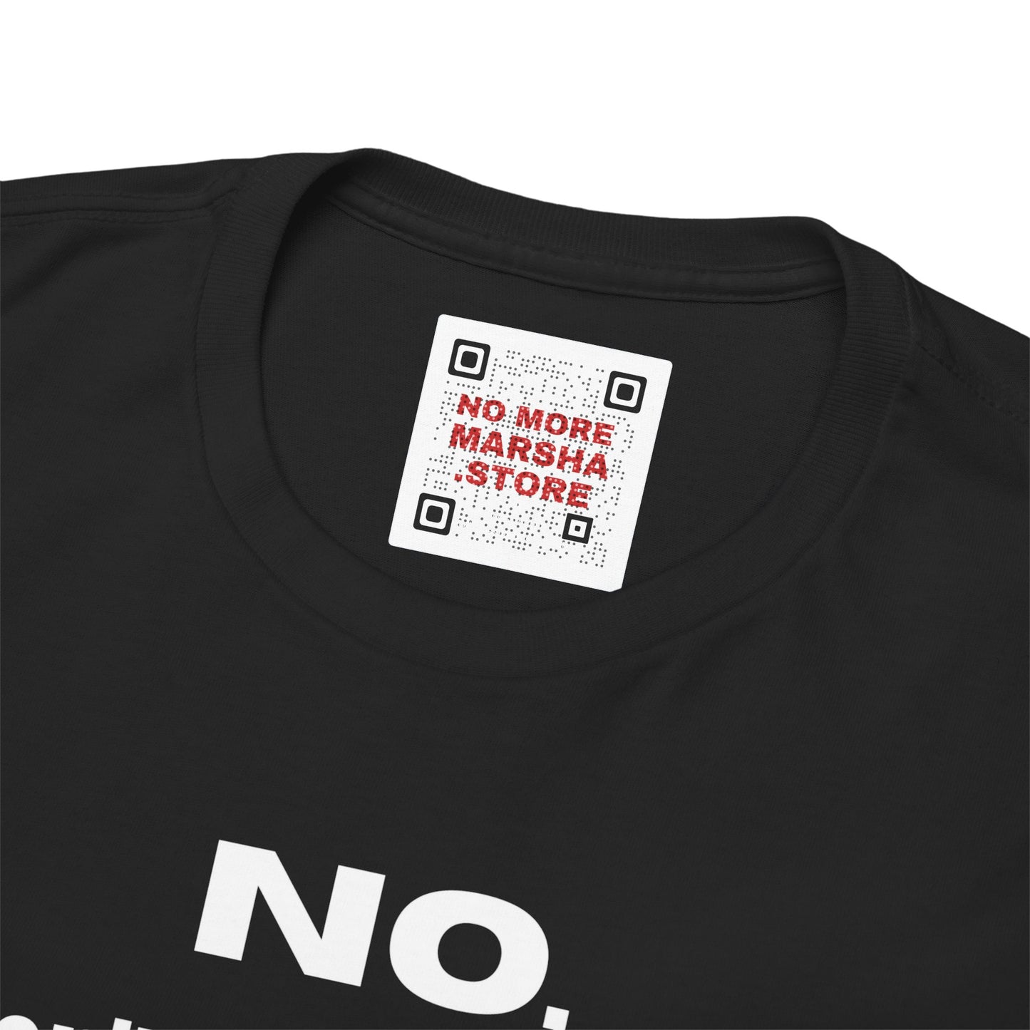 Black t-shirt with QR code label.