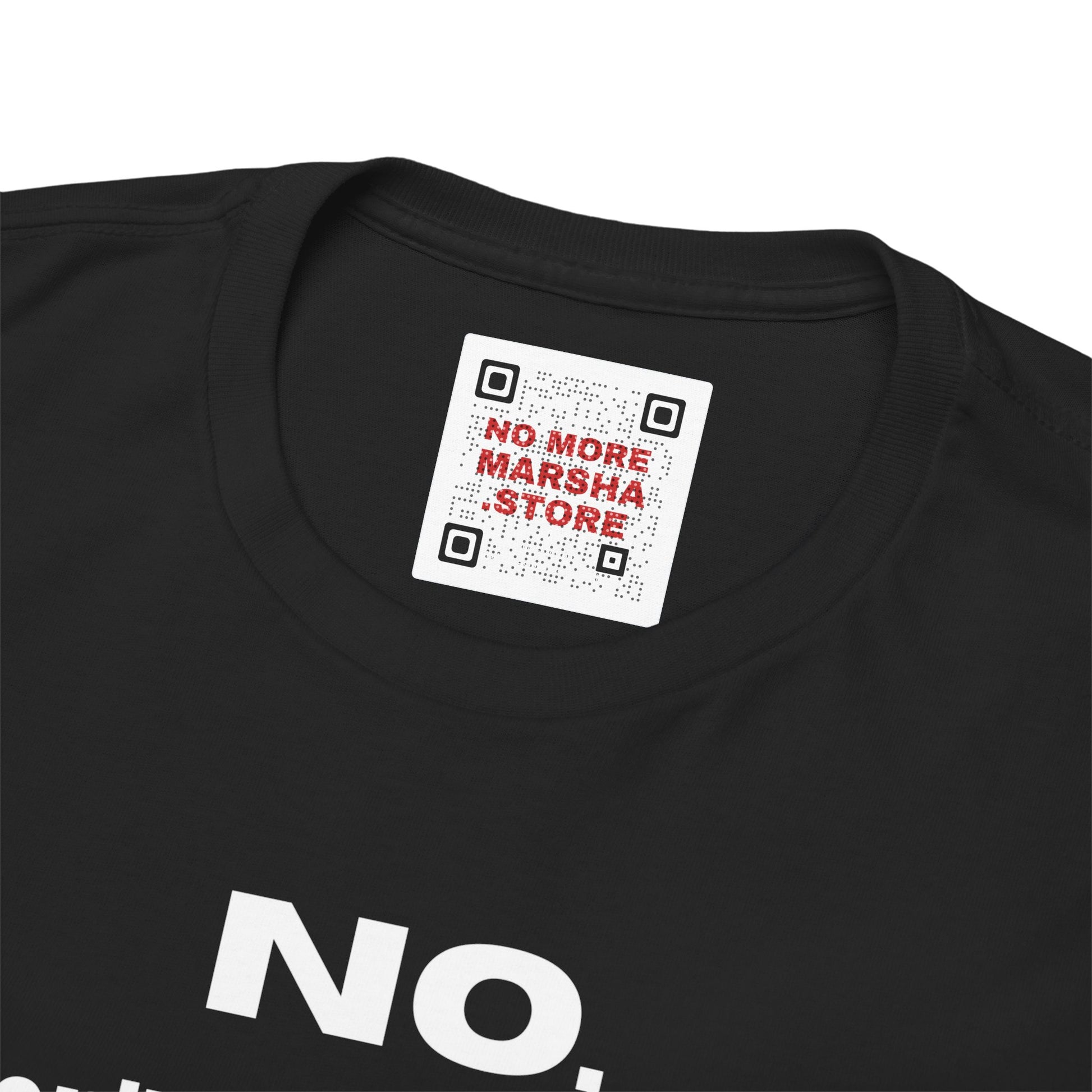 Black t-shirt with QR code label.