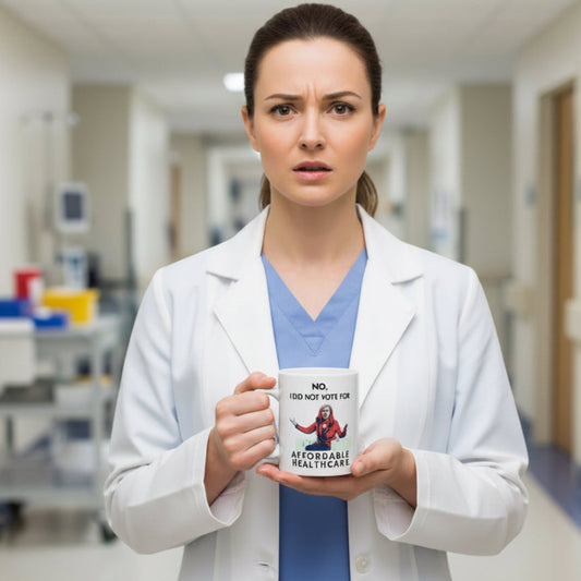 White female nurse holding white mug with a graphic of Marsha Blackburn with 'No, I did not vote for Affordable Healthcare'  text in black letters in a hospital hallway.