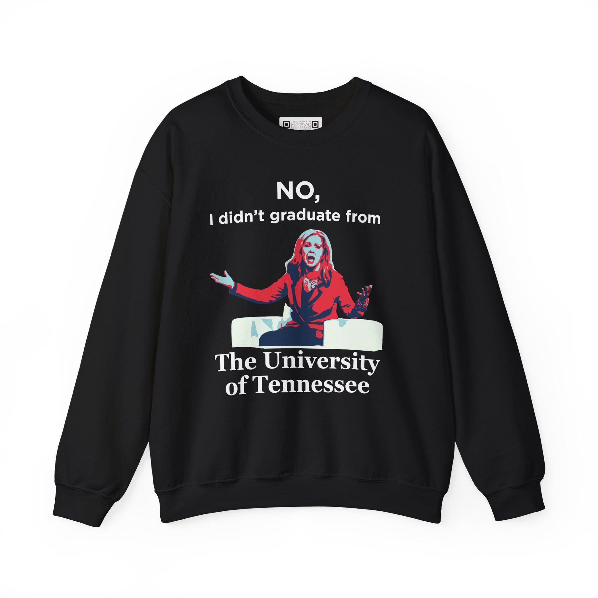 Black sweatshirt with a Marsha Blackburn graphic and white text.