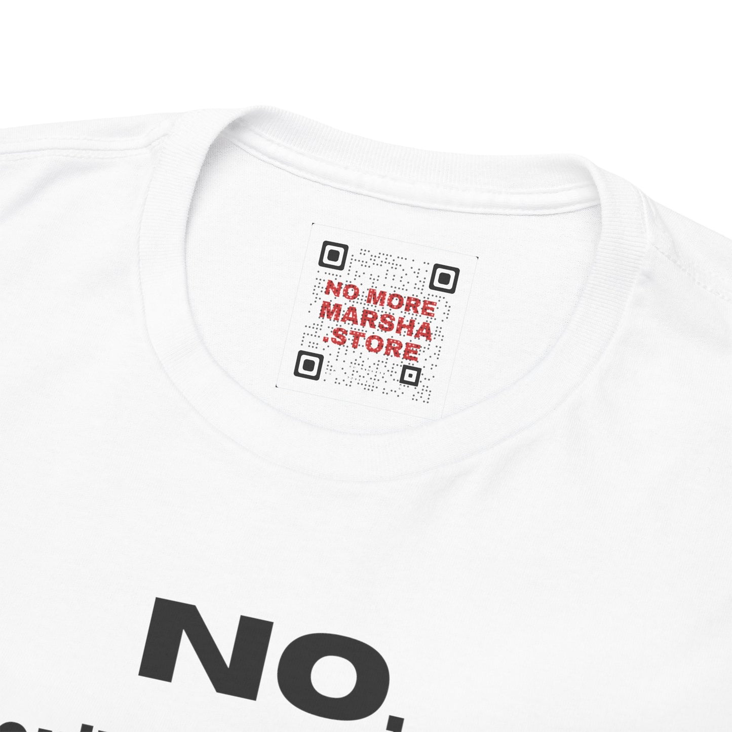 White t-shirt with QR code label.