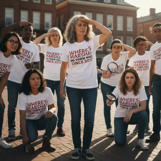 A diverse group of people wearing white t-shirts with text 'WHERE'S MARSHA? NO TOWN HALL SINCE 2017' in red and blue text on a white background, acting like they are searching for someone.