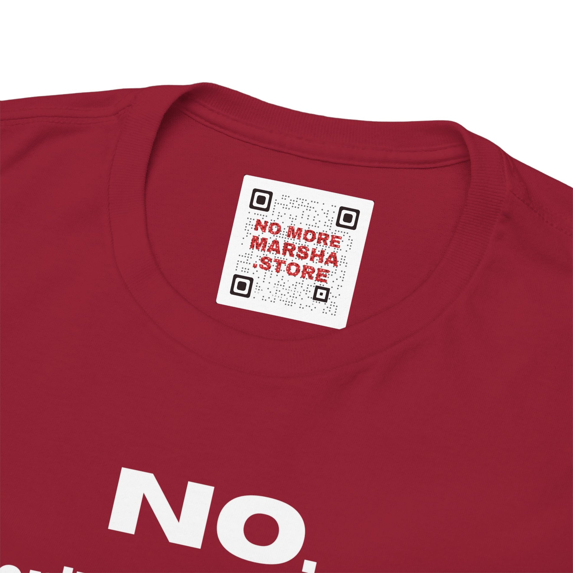 Red t-shirt with QR code label.