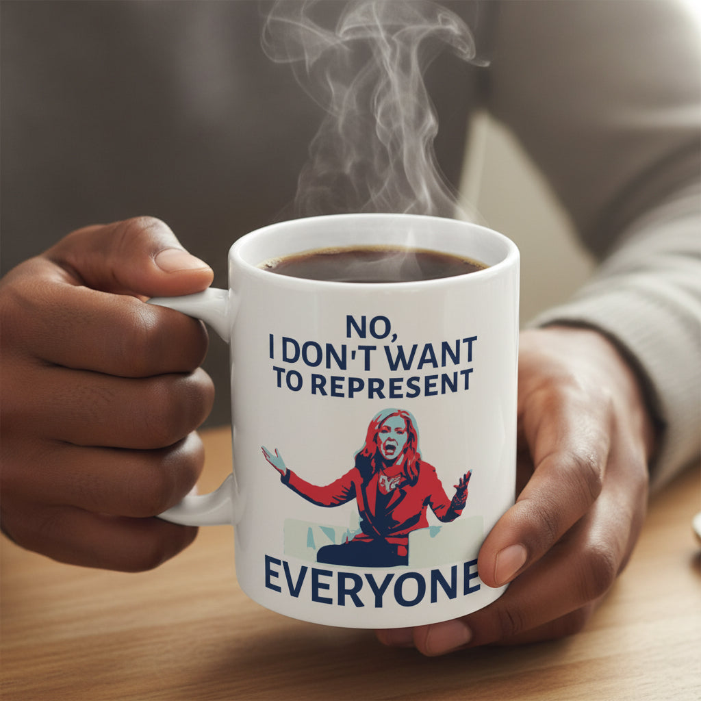 Black man holding a white coffee mug with a graphic of Marsha Blackburn with the text 'No, I don't want to represent everyone' on a white background  