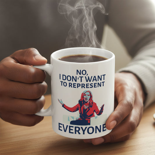 Black man holding a white coffee mug with a graphic of Marsha Blackburn with the text 'No, I don't want to represent everyone' on a white background  