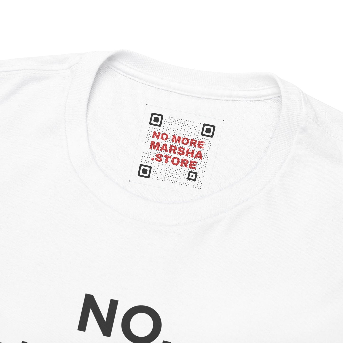 White t-shirt with a QR code label.
