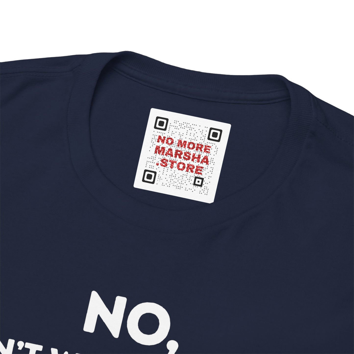 Navy Blue t-shirt with a QR code label.