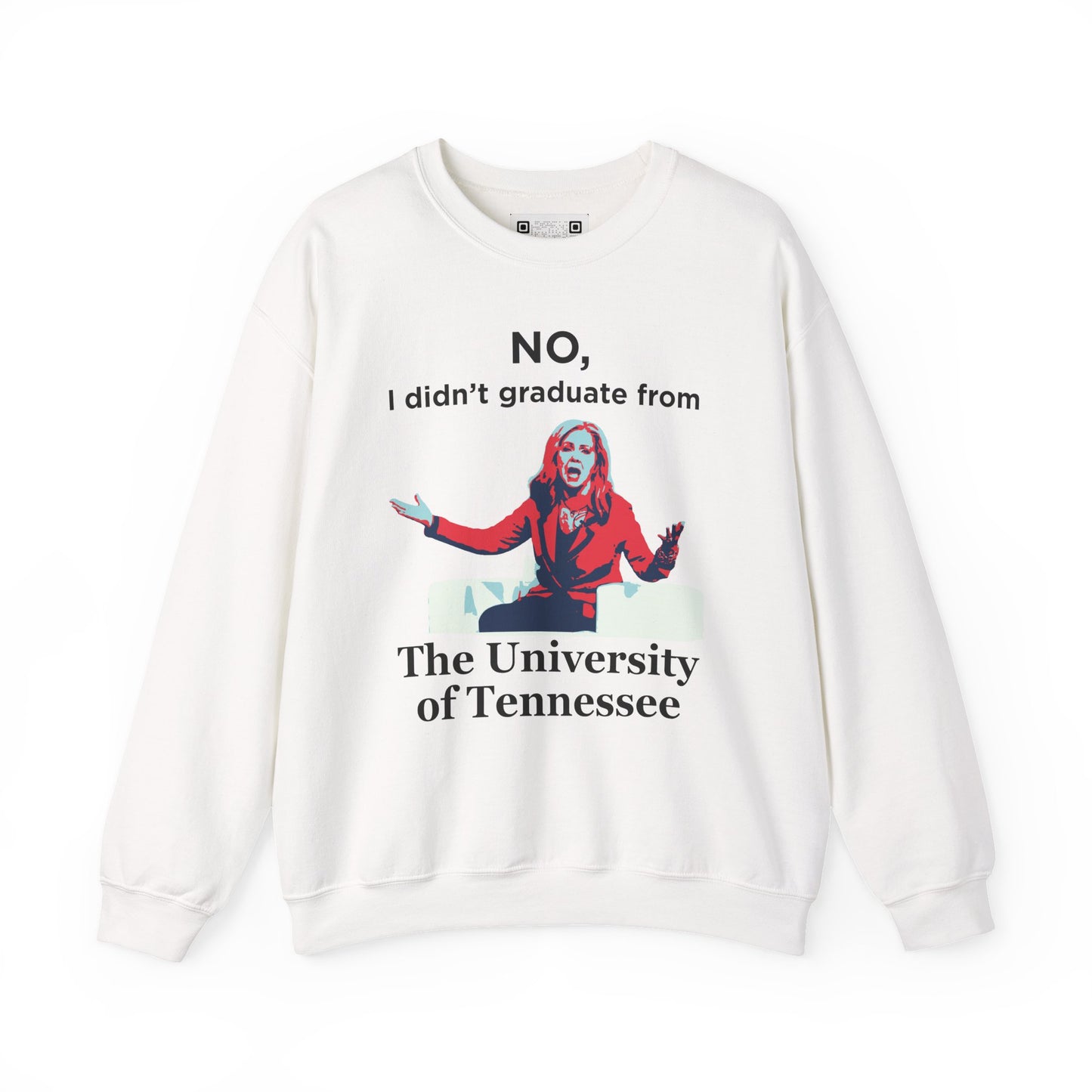 White sweatshirt with a Marsha Blackburn graphic and black text on a white background