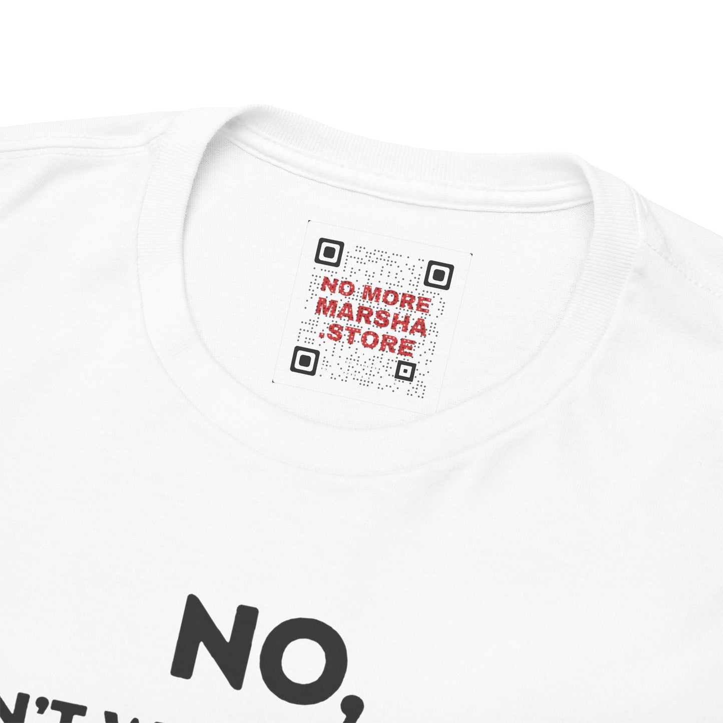 White t-shirt with a QR code label.