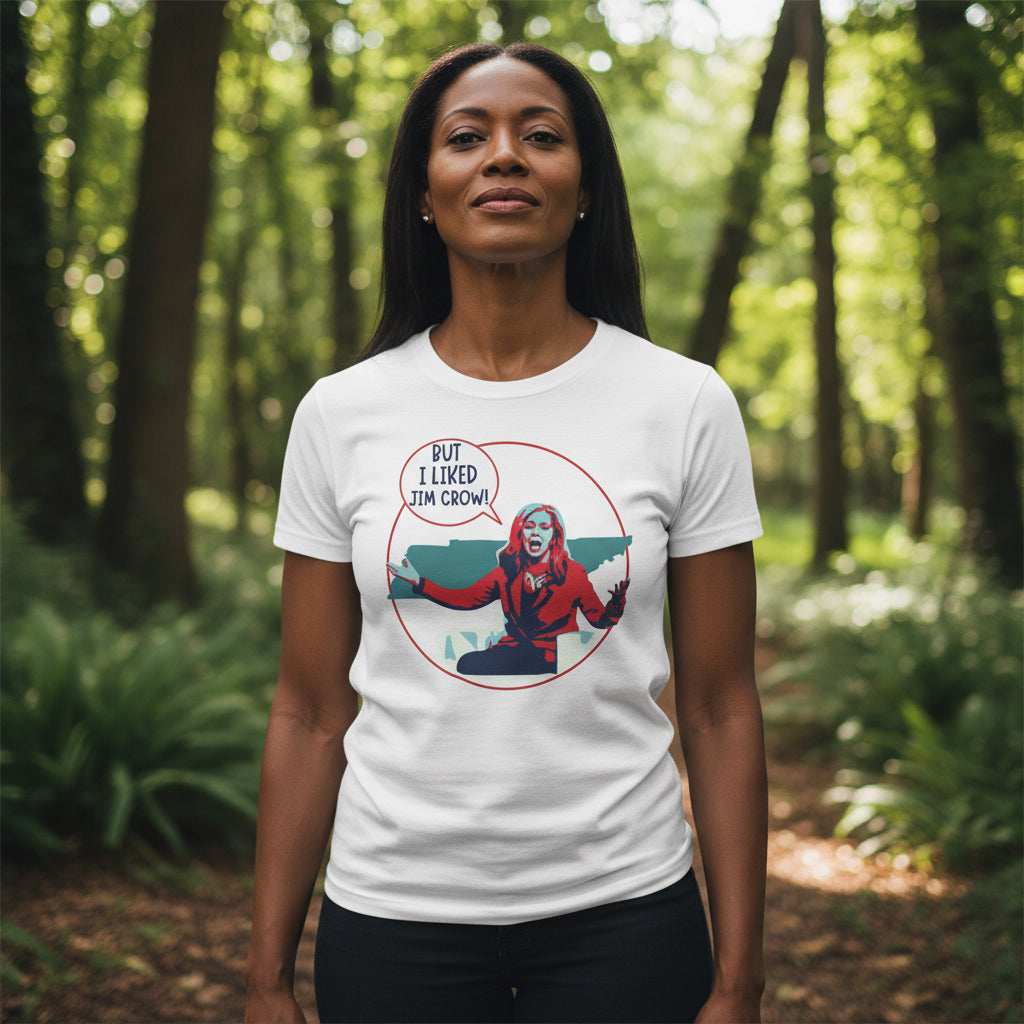 White t-shirt with graphic design and text on a white background