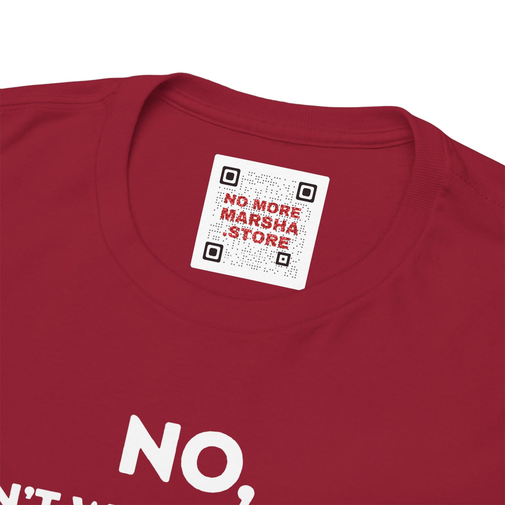 Red t-shirt with a QR code label.