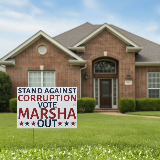 Political campaign sign "Stand Against Corruption" on grass with a suburban brick home in the background