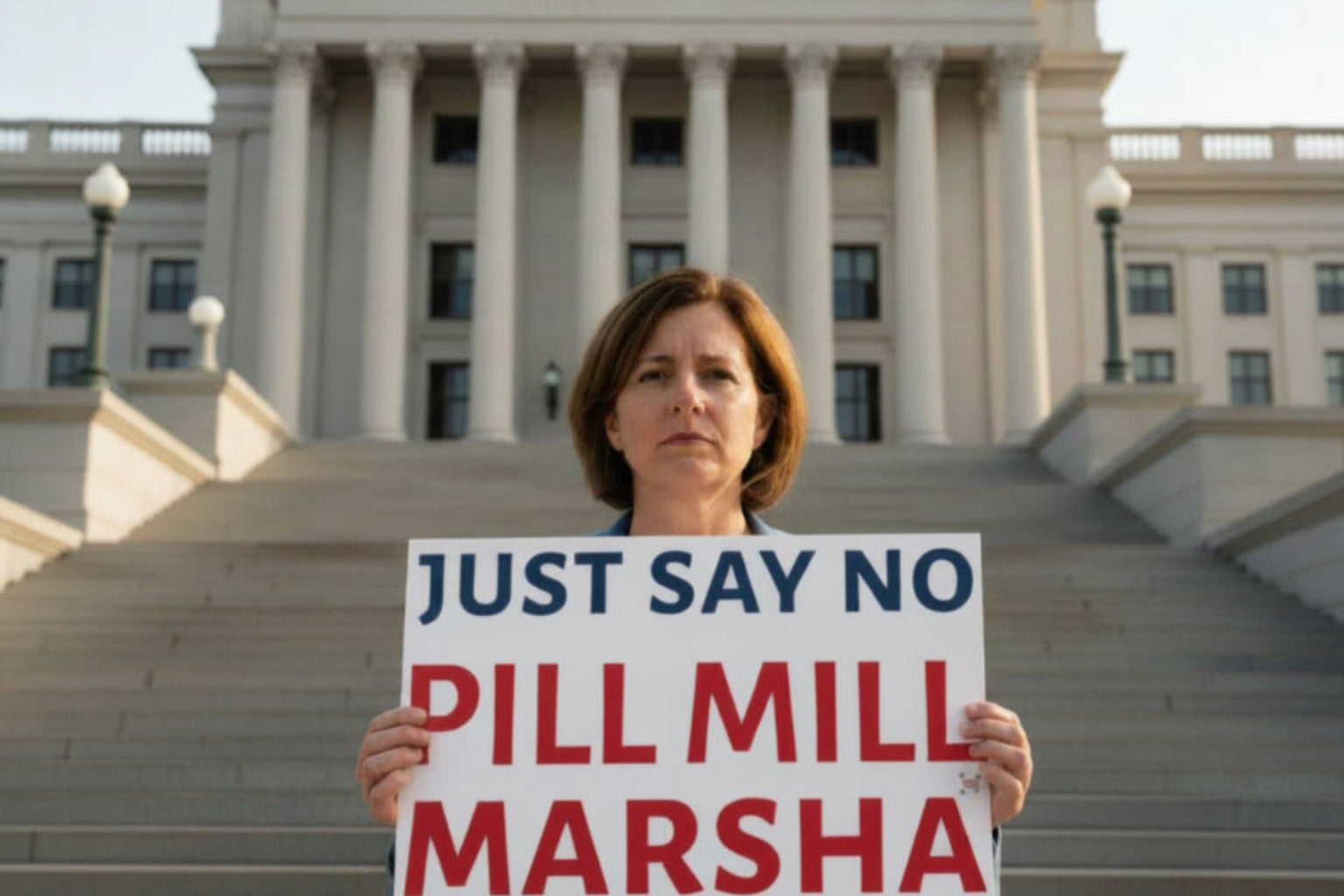 A woman holding a sign that says 'Just say no pill mill Marsha' standing on the steps of the Nashville Capitol building