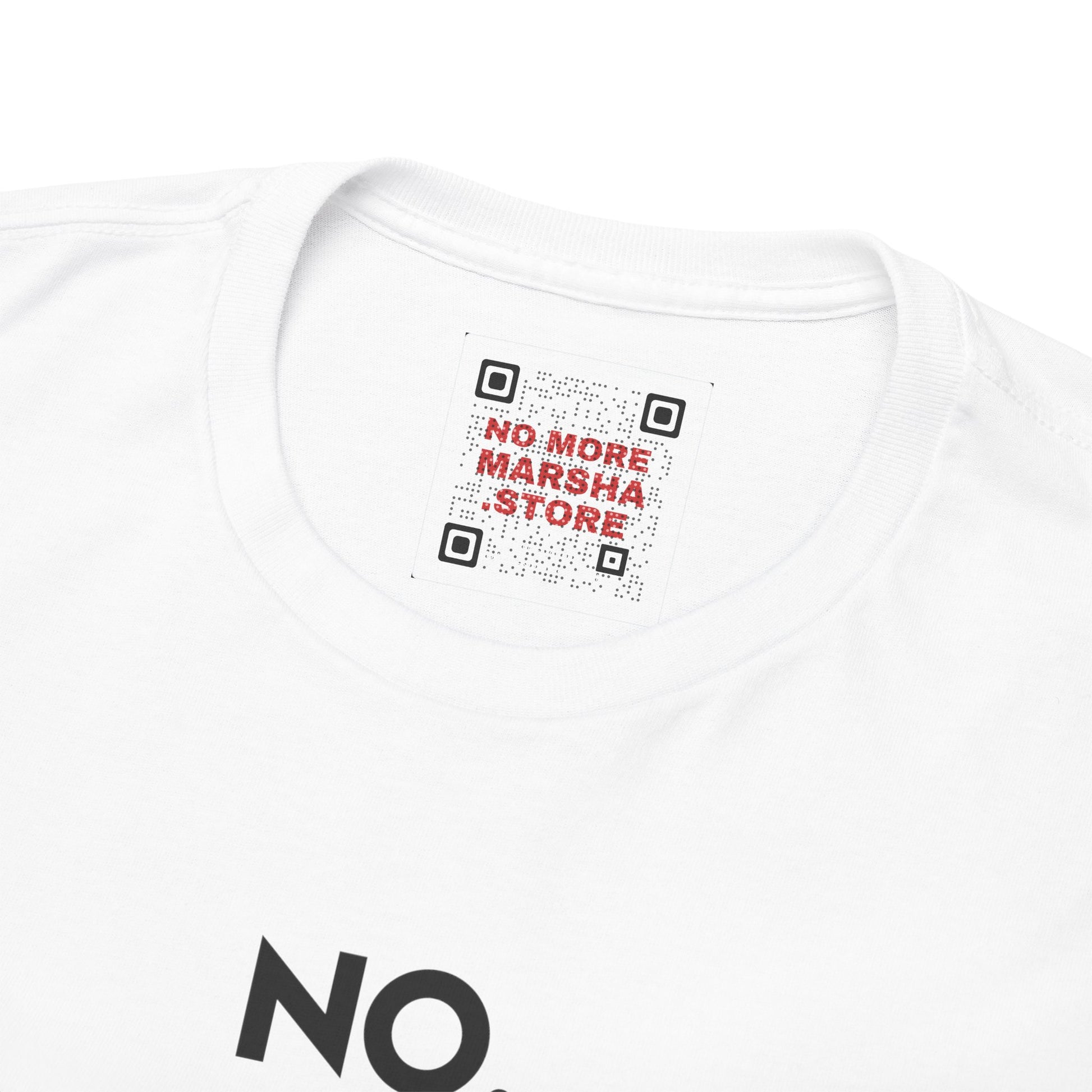 White sweatshirt with text and QR code design on a white background