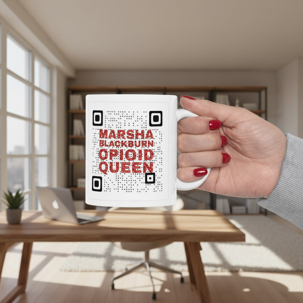 Mug with 'Marsha Blackburn Opioid Queen' text held by a hand with red nail polish in an office setting.