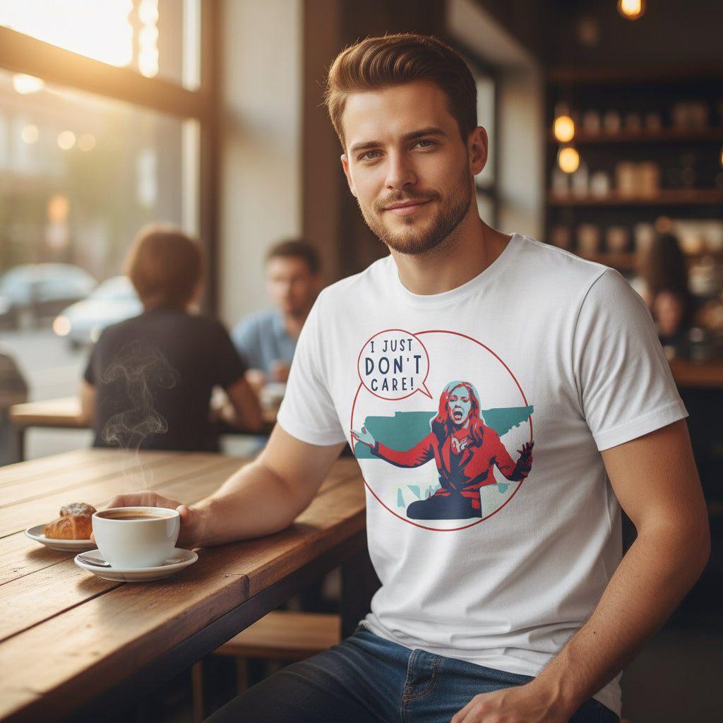 White man sitting in a coffee shop wearing a white t-shirt with graphic design of Marsha Blackburn and text 'I Just Don't Care!' on a white background
