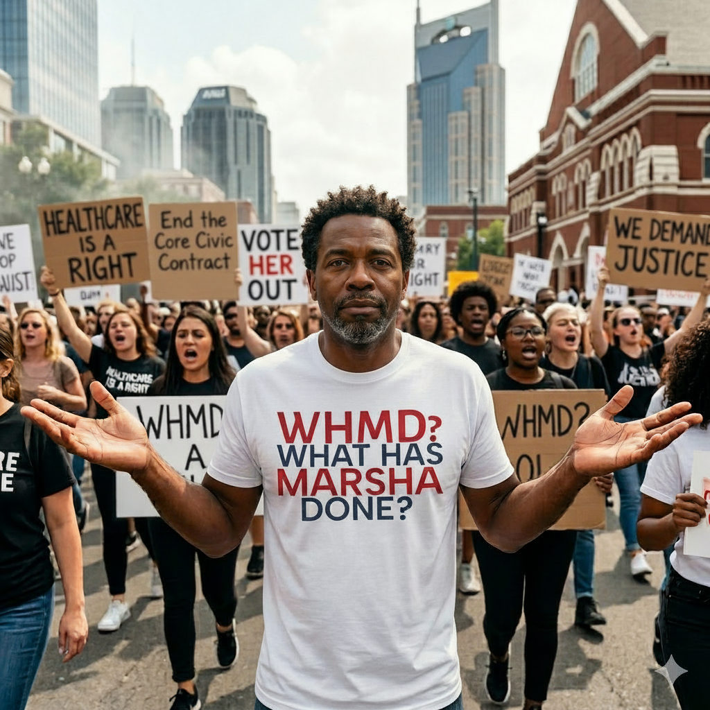 Protestor with 'WHMD? What Has Marsha Done?' shirt at a rally with city skyline in background