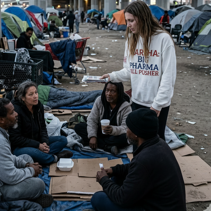 A young woman standing in a homeless camp under a bridge, speaking to a group of people sitting outside a tent, wearing a white sweatshirt that says "Marsha: Big Pharma Pill Pusher". 