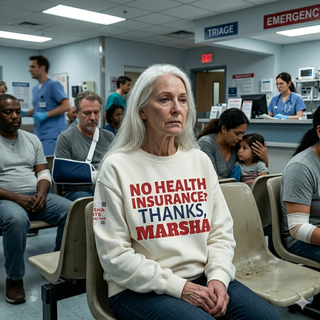 Woman in a hospital waiting room wearing a sweatshirt with a message about health insurance.