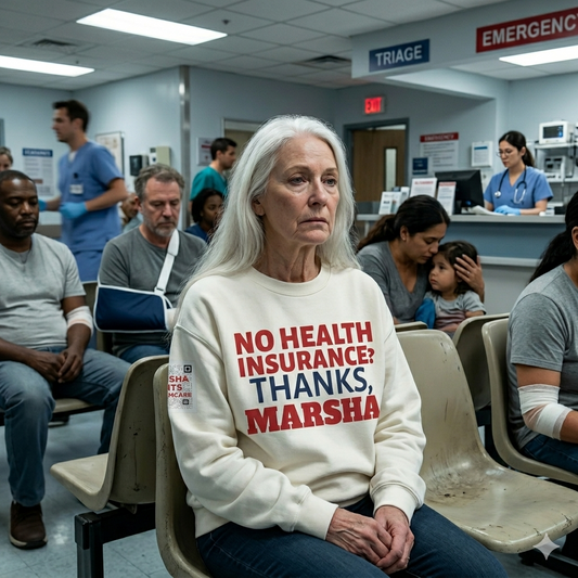 Woman in a hospital waiting room wearing a sweatshirt with a message about health insurance.