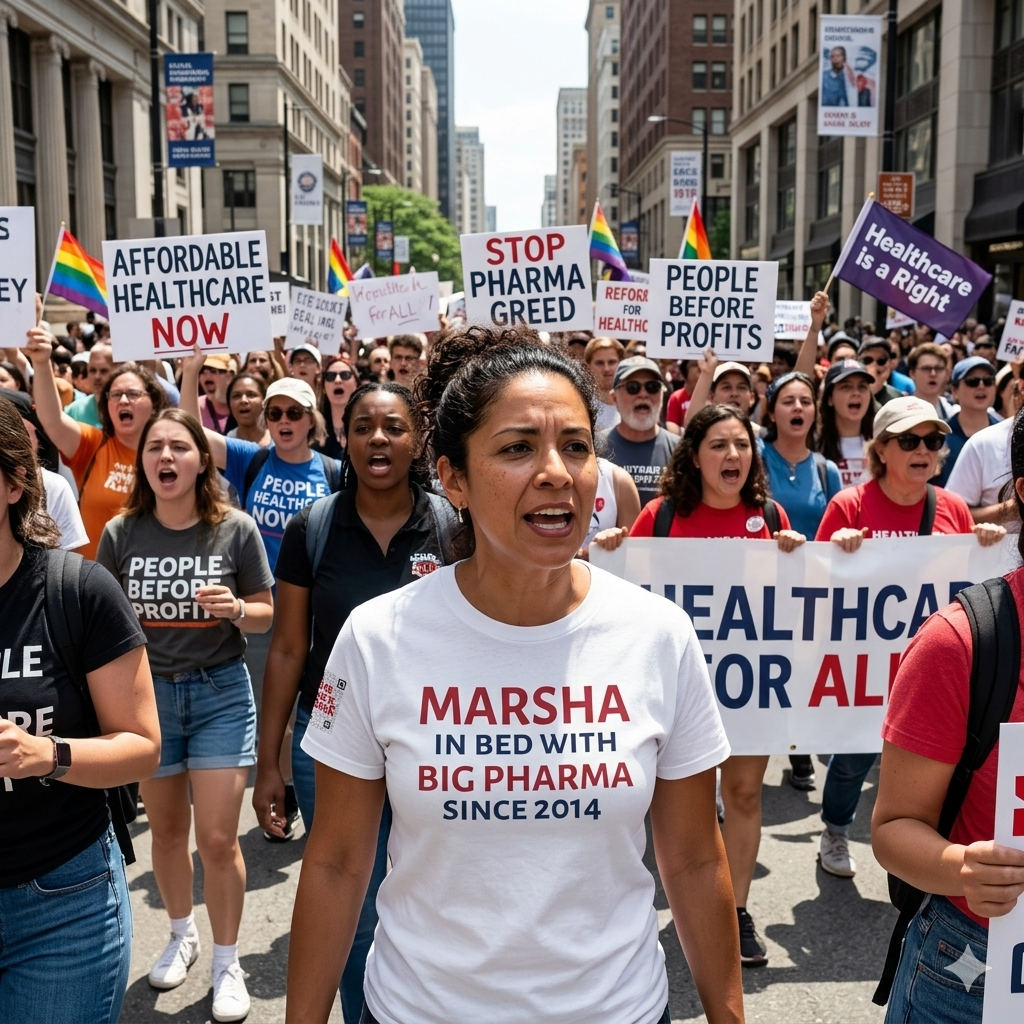 Protestors marching down a city street holding signs advocating for healthcare reform with a Latina woman in front wearing a white t-shirt with the text "Marsha In Bed with Big Pharma since 2014" in red and blue.